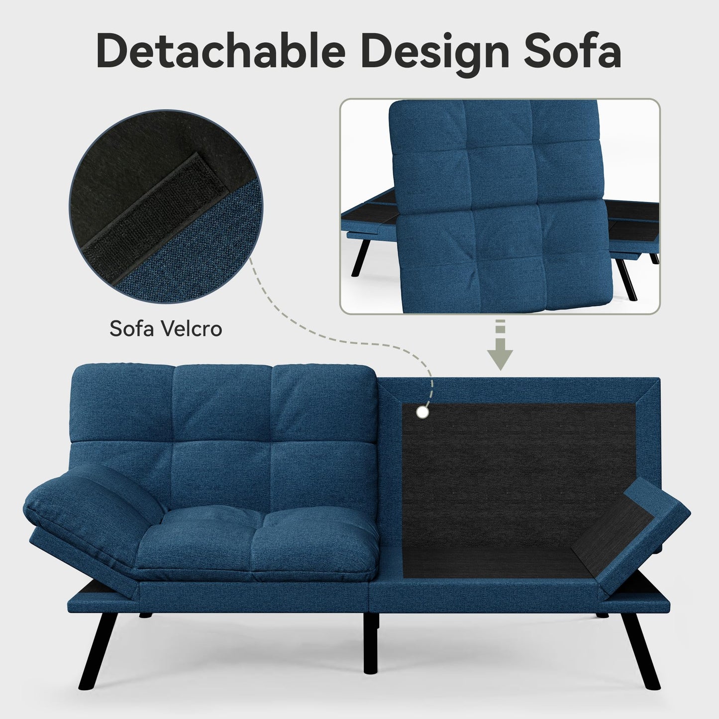 AMICLIBER Convertible Futon Sofa Bed,Blue Linen Modern Futon Couch,Memory Foam Loveseat Sleeper Recliner,Detachable Cushion,Adjustable Backrest & Armrest,Couches for Living Room,Office,Apartment
