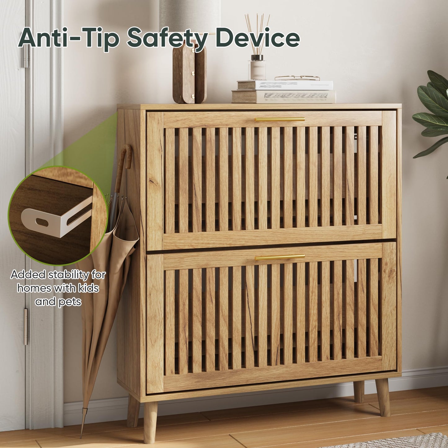 Smart FENDEE Shoe Storage Cabinet with 2 Flip Slatted Drawers, Narrow Freestanding Shoe Cabinet with Gold Handle, Hidden Entryway Shoe Organizer for Hallway, Foyer, Natural