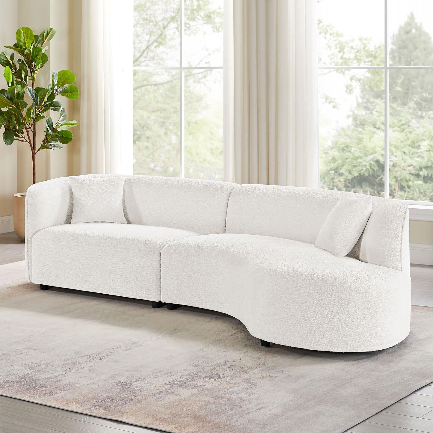BBTJOINT Curved Sectional Chaise Sofa,Modern Minimalist Style, White Sherpa Fabric Upholstery,127'' Deep Seat Loveseat, Living Room Couch with Throw Pillows (Right Chaise Facing)