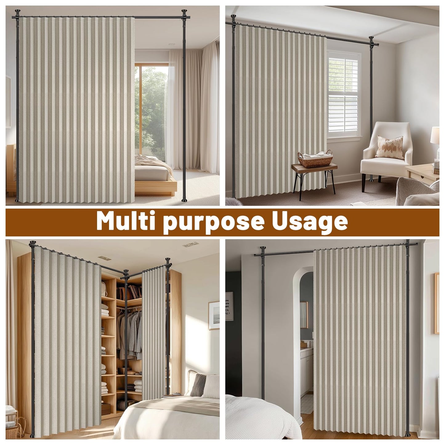 100% Blackout Room Divider Curtains Sets Cream White W100 x L84 in,1 Panel Curtain Rods No Drilling Adjustable Tension (H) 43-120×(W) 35-100 in Room Wall Divider for Apartment/Dorm