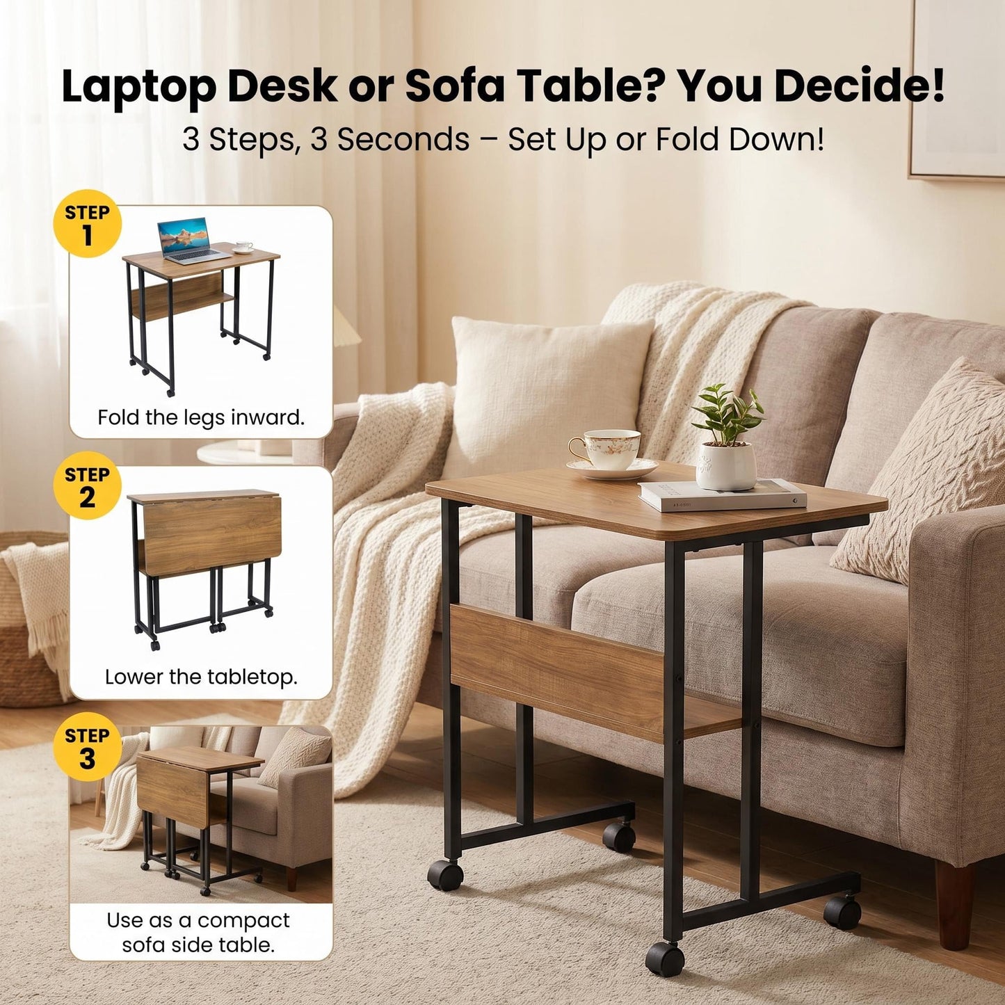Windpost Mobile Foldable Desk w/ 6 Wheels,Portable Rolling Small Computer Desk w/Storage Shelves, Folding desks for Small Spaces, Computer Table for Home Office Bedroom Living Room-Brown