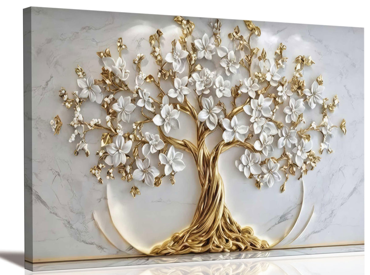 Tree of Life Canvas Wall Art Gold White Flowers Wall Decor Picture Natural Landscape Poster Print Artwork For Living Room Bedroom Office Paintings Decoration Prepare to hang 32x16in