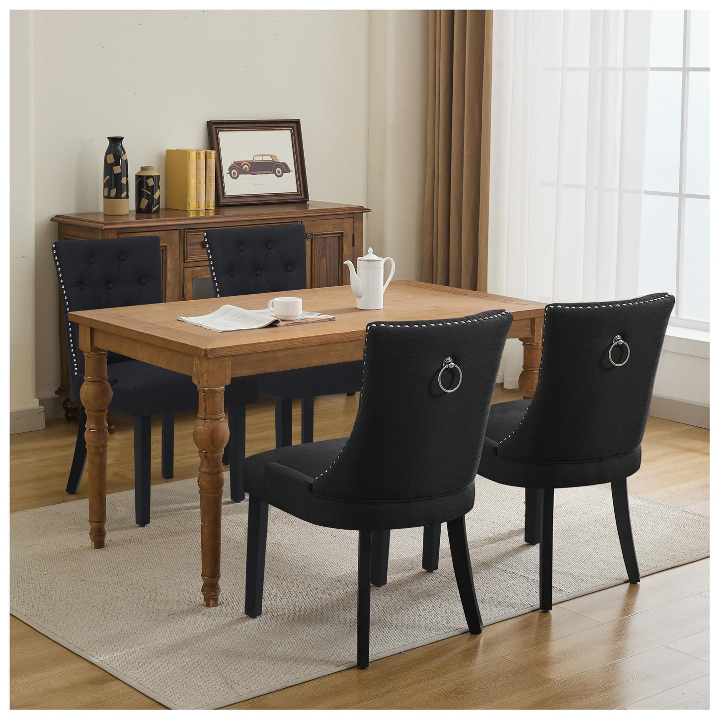 UDAX Modern Leisure Linen Dining Chairs Set of 4, Upholstered Dining Chair with Solid Wood Legs, Mid-Century Dining Room Chairs with Pull Ring and Tufted Backrest, Black