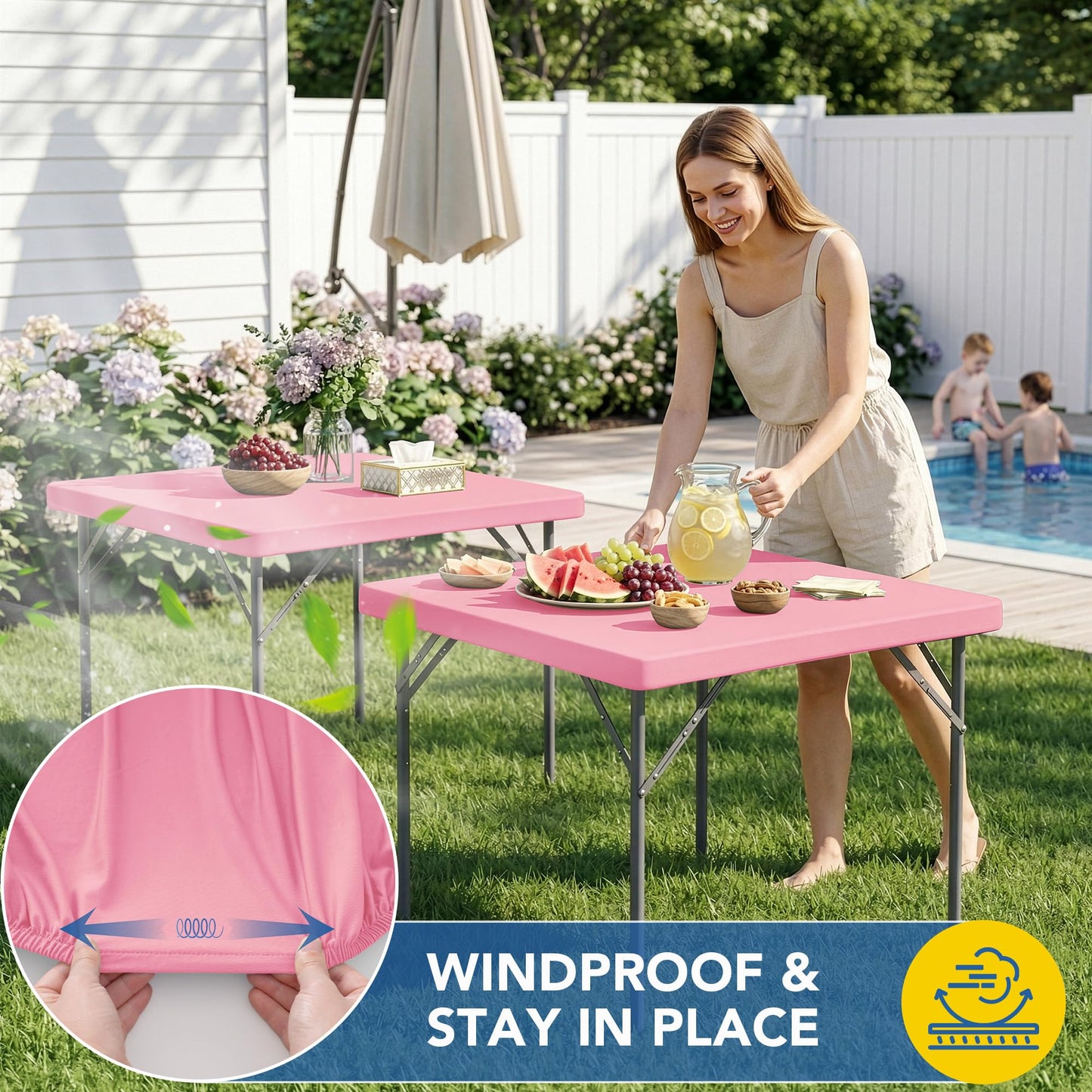 Enjoyidea Square Fitted Tablecloth 34x34 Inch-2 Pack Pink Elastic Spandex Table Cover-Small Stretch Card Folding Table Cloths Topper Cap for Kitchen Dining Picnic Patio Outdoor Party Tables