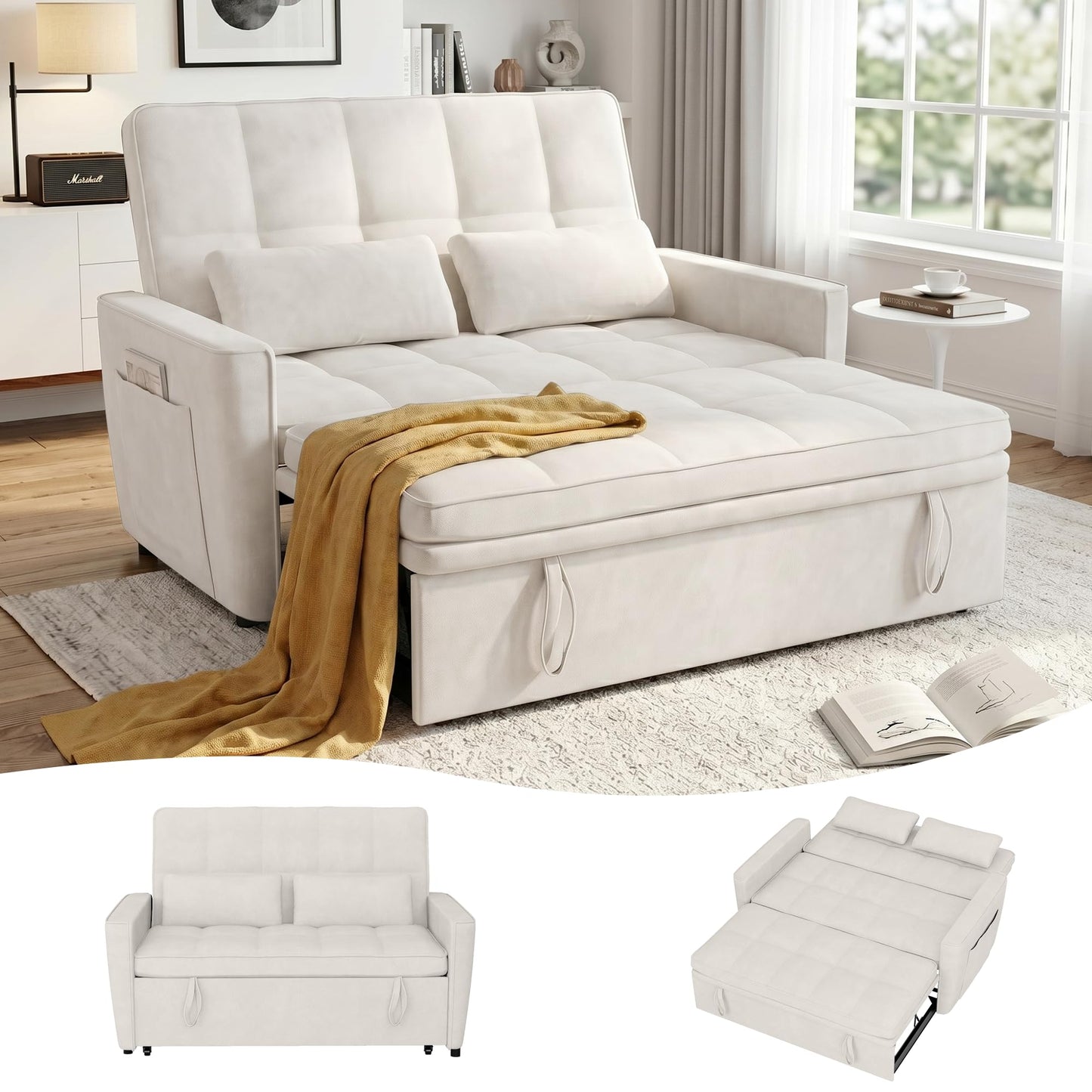 tiramisubest 54'' Sleeper Sofa Bed, Convertible Pull Out Couch Futon for for Living Room,Apartment (Beige, Loveseat) Side Pockets, Velvet Fabric, Adjustable Backrest, Pull-Out Bed, Easy Assembly
