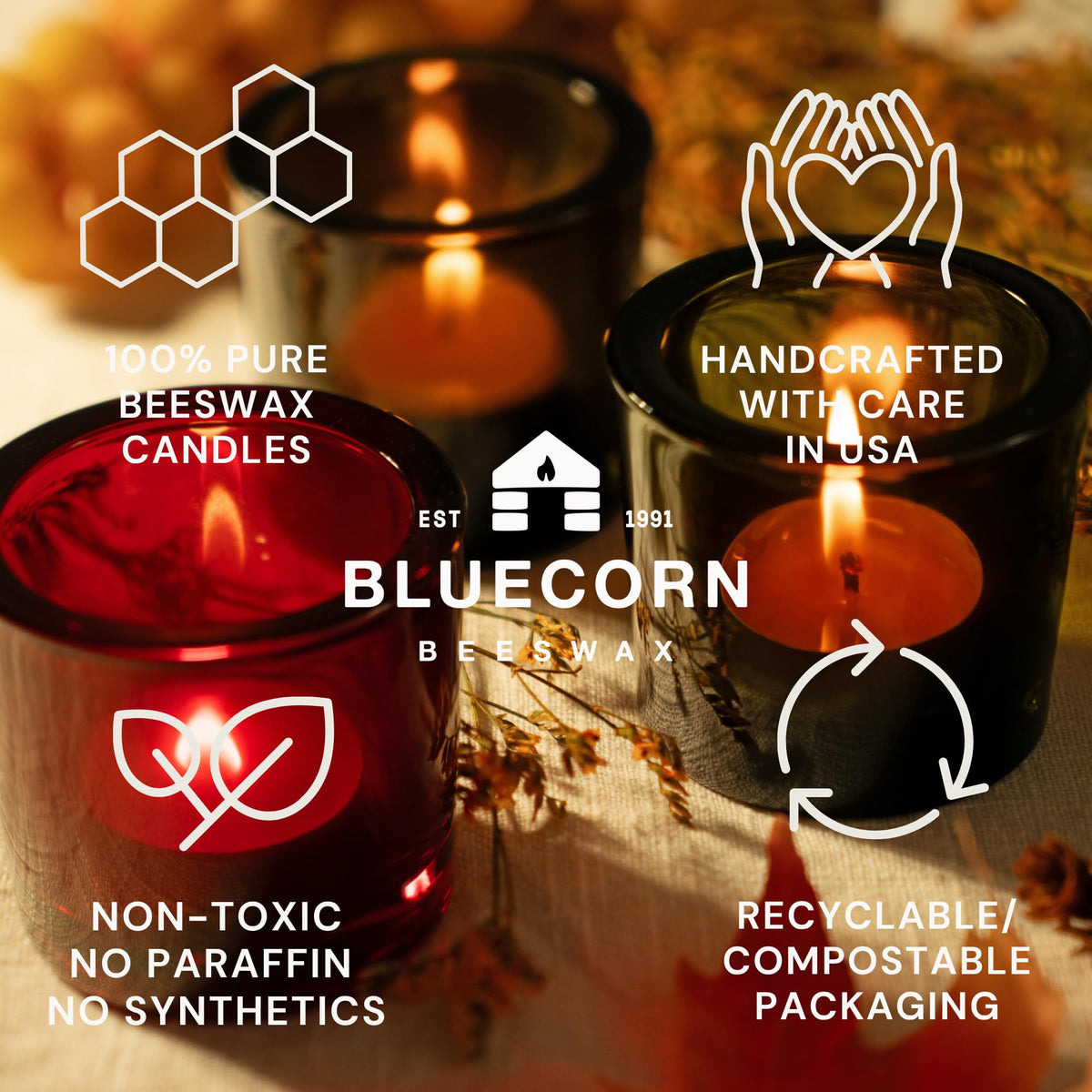 Bluecorn Beeswax Tea Light Candles, 100% Pure Natural Bees Wax, Yellow Tea Lights, Fragrance Free, Paraffin & Soy Free Candle Wax, Clean Burning, Long Lasting (4-5 Hrs), American Made, 48 Pack