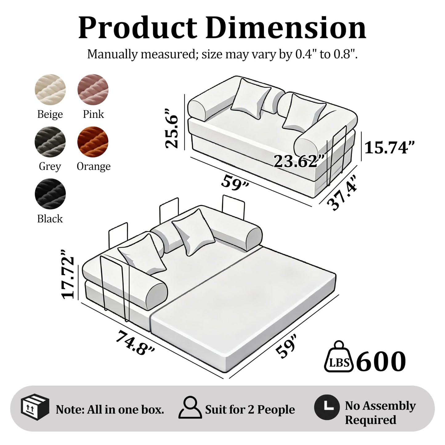 59'' Convertible Compressed Corduroy Folding Cloud Sofa Bed, Modern Boneless Pull Out Loveseat Sleeper in a Box, 4 in 1 Floor Mattress Futon Fluffy Couch, No Assembly Needed, Orange, 2 Pillows, Full