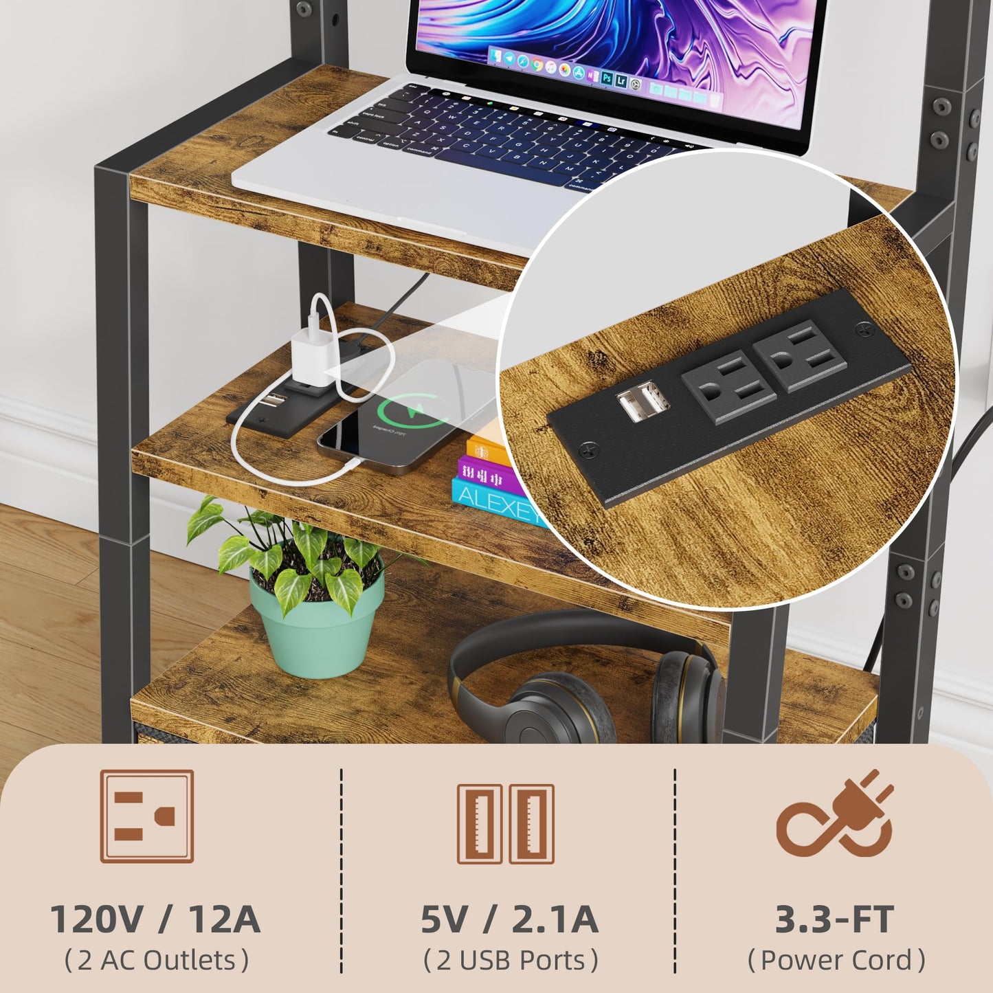 Rolling TV Stand with Wheels and Mount & Fabric Drawer - Entertainment Center with Power Outlet and Small TV Stand for Bedroom, Living Room - 15" Rustic Brown