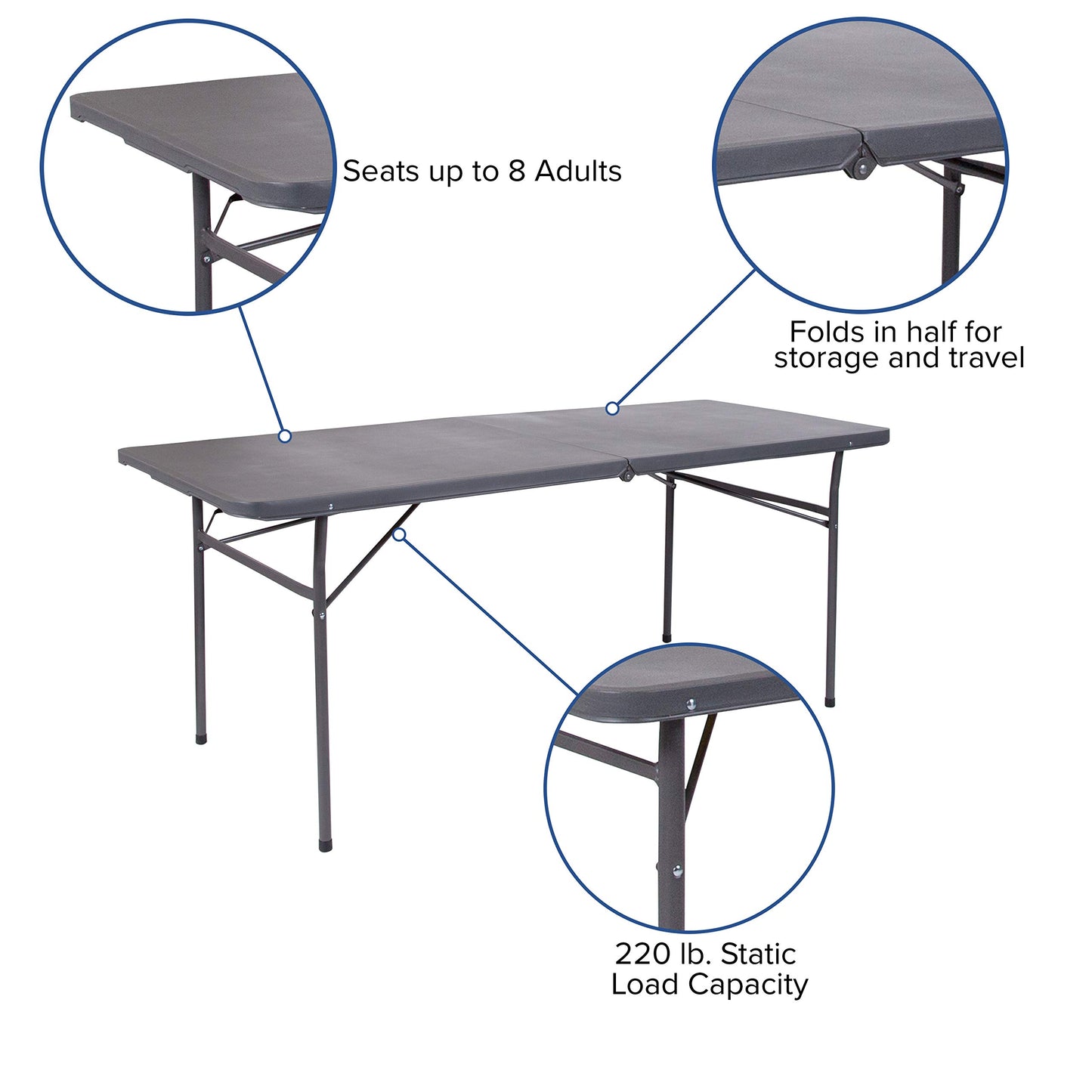 Flash Furniture 6' Rectangular Plastic Folding Event Table with Carrying Handle, Bi-Fold Portable Banquet Table for Indoor/Outdoor Events, Dark Gray