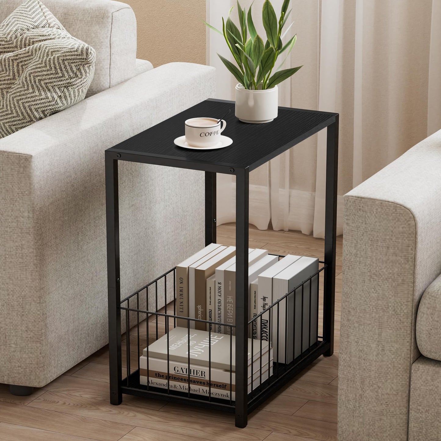 Homleke Side Table with Magazine Holder, Record Player Stand with LP Shelf, End Table for Living Room, Bedroom, or Bedside, Easy Assembly, 11" D x 16.9" W x 23.6" H, Black