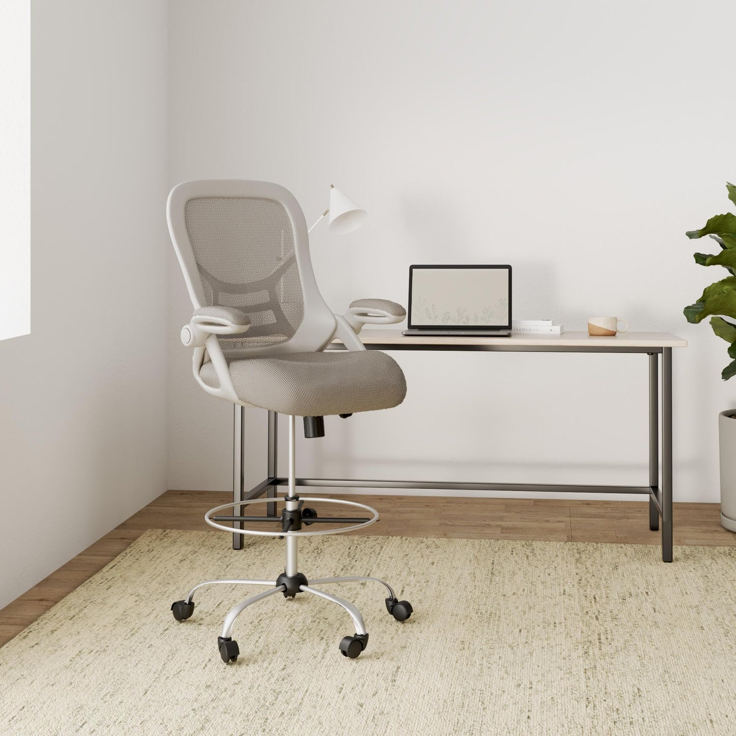 HYLONE Drafting Chair, Tall Office Chair Standing Desk Stool with Adjustable Foot Ring, Flip-Up Arms, Mesh High-Back Drafting Table Chair, White & Grey