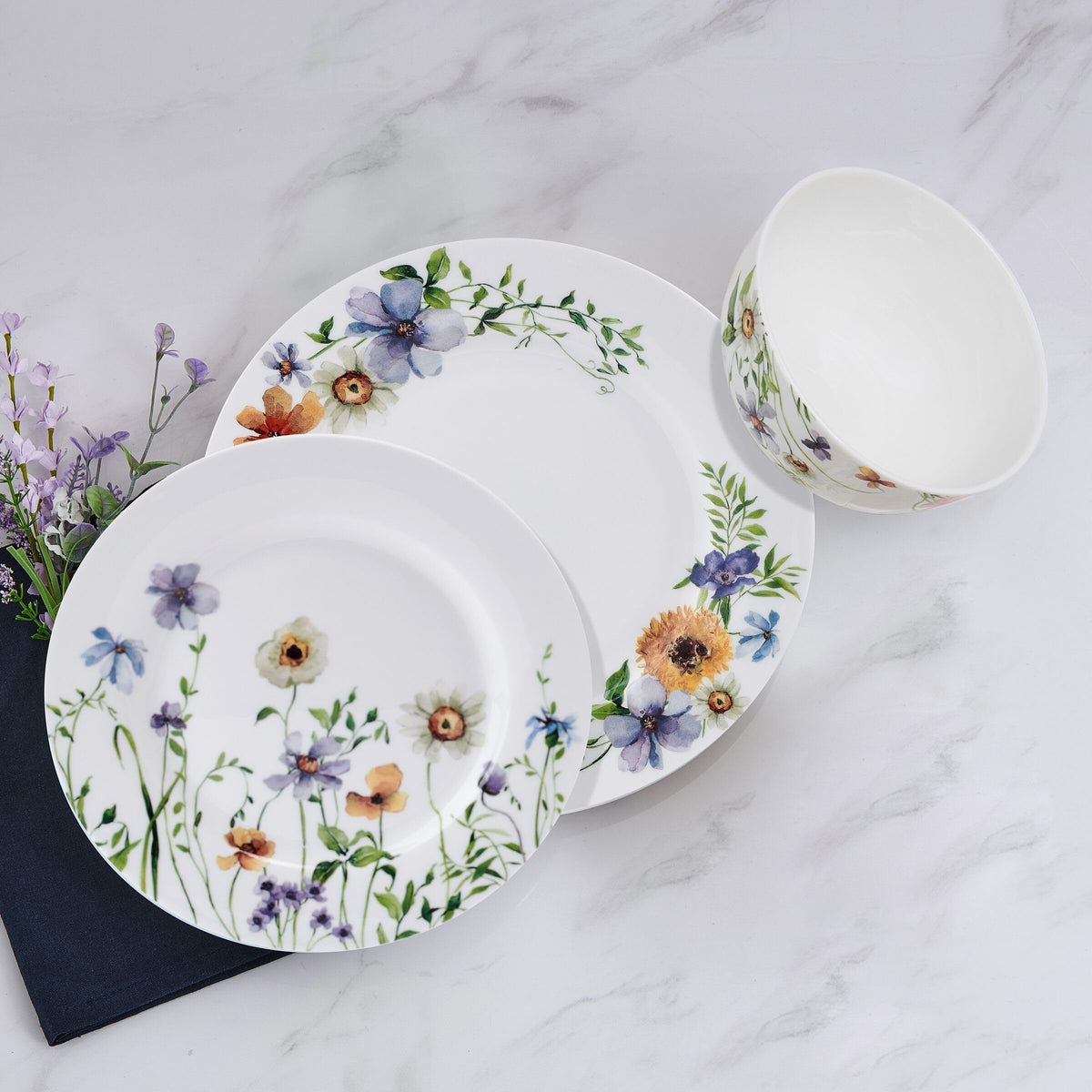 Mikasa Audrina Water Color Flowers Bone China Lightweight Chip Resistant 12 Piece Dinnerware Set, Service for 4, White