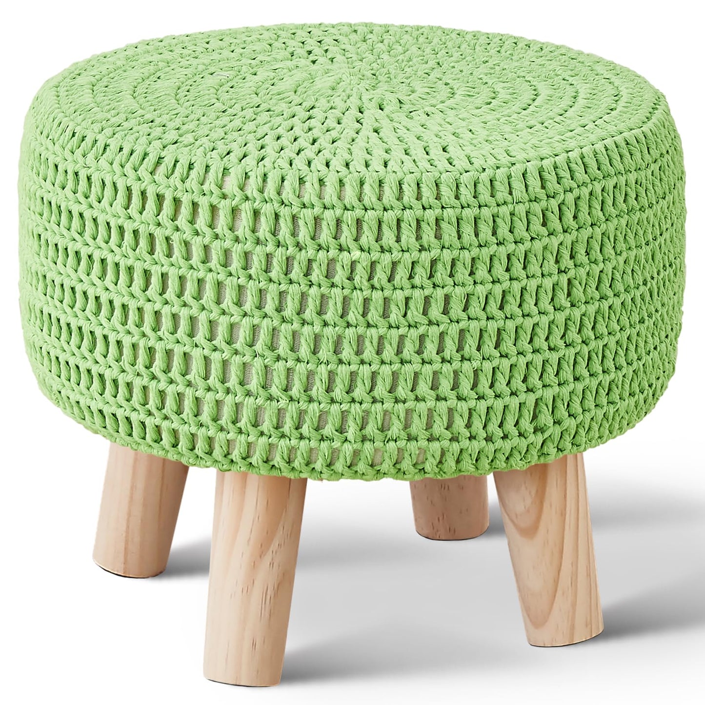 Wimarsbon Pouf Ottoman, 100% Cotton Knitted Boho Footstool, Round Footrest with Non-Skid Wood Legs, Home Décor Handmade Pouffe, Leisure Floor Step Stool for Living Room (Matcha)