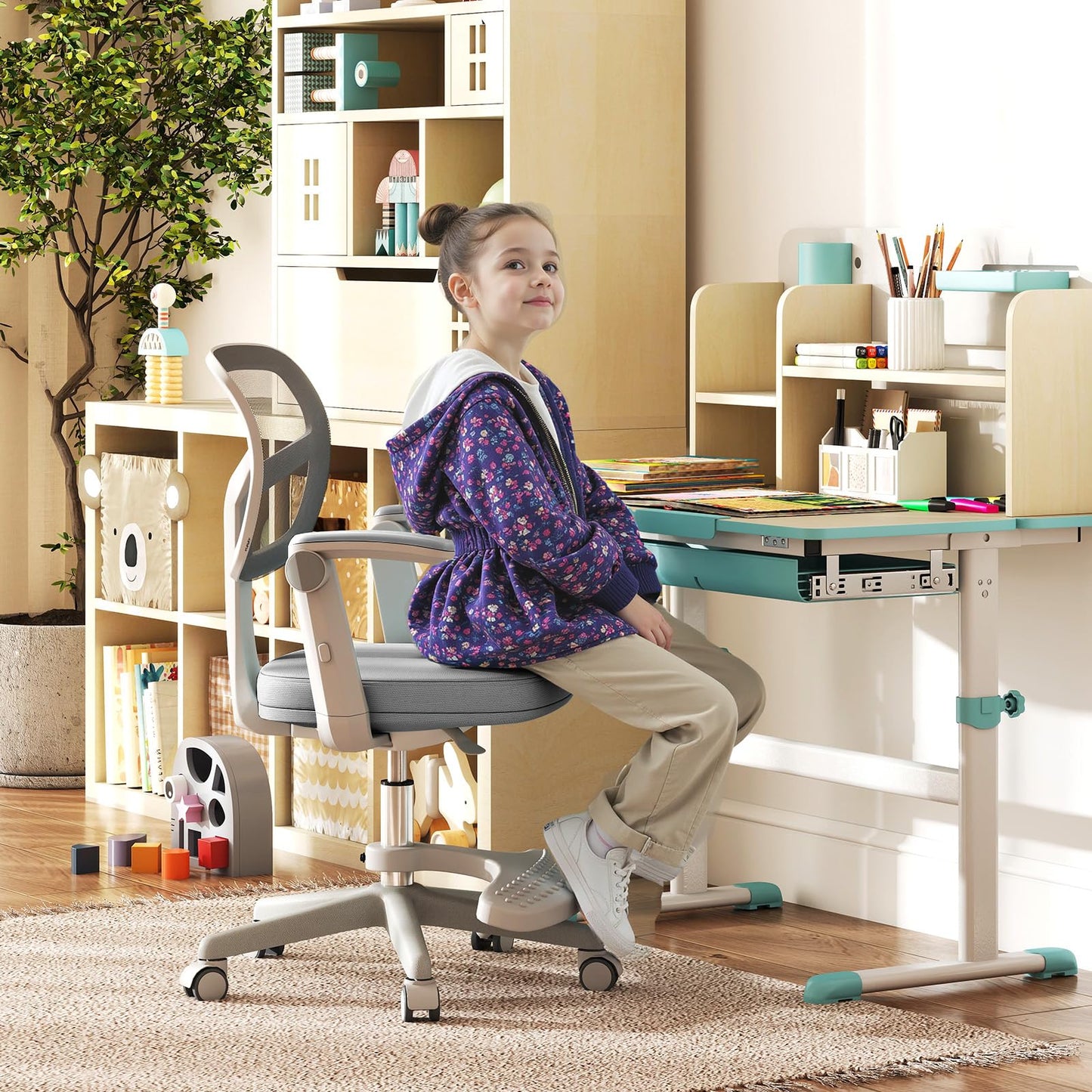 Costzon Kids Desk Chair, Student Ergonomic Computer Chair with Wheels, Footrest, Adjustable Height, Flip-up Armrests & Soft Removable Cushion, Swivel Rolling Kids Office Chair for 3-15 (Gray)