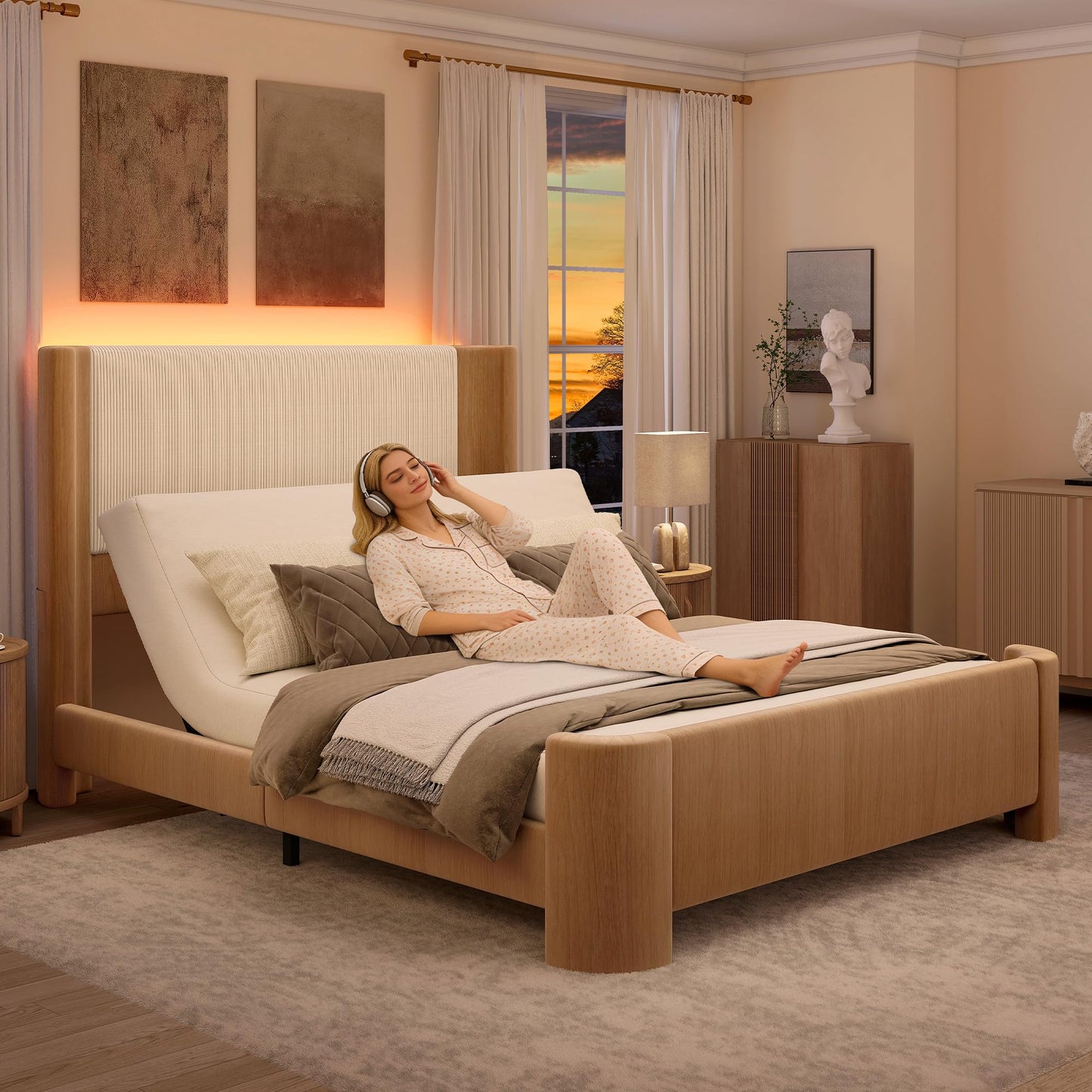 SIBEDS 18" H Full Adjustable Bed Frame with LED Light, Corduroy Headboard, Faux Leather Upholstered Platform Bed Frame, Dark Brown Oak Wood Grain Printed Finish, Zero Noise Quiet Motor, Head Incline