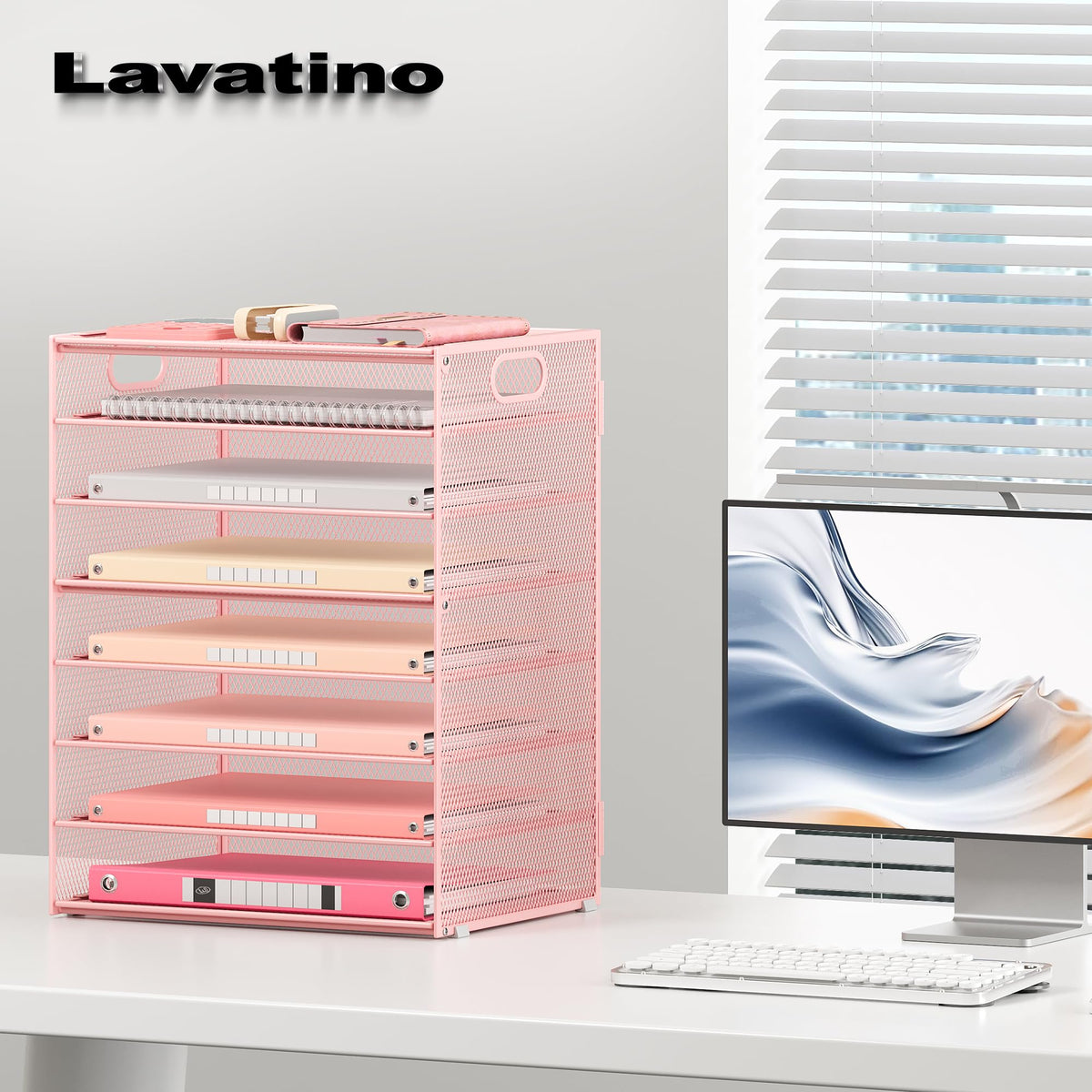 Lavatino 2 Pack 8-Tier Office Desk File Organizer, Letter Tray Paper Organizer with Handle, Including 5 Adjustable Slide Trays for Organizing Desk Workspace Accessories and Supplies (Pink Mesh)