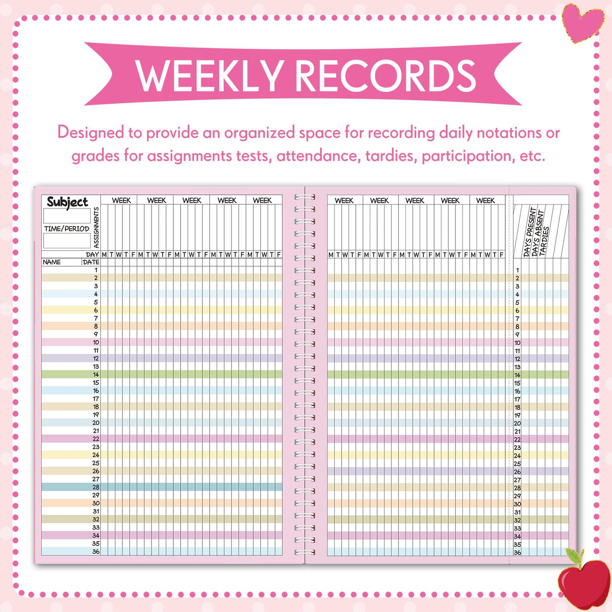 Fuyoooo Teacher Record Book Teacher Grade Books 2026-2027 Spiral Bound Record Planner 2026 Class Grade Book Office Favors for Classroom Attendance Decoration Double Sided(Pastel)