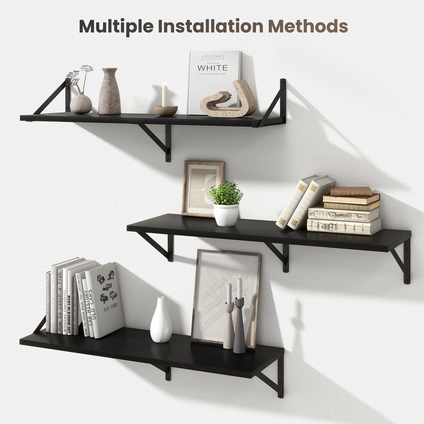 Marsmiles Deep Floating Shelves | 36 Inch Black Wood Wall Shelves Set of 2 | 12 Inch Deep Floating Shelves for Wall | 36''W x 12''D Black Wooden Shelves for Bathroom Living Room Bedroom Kitchen