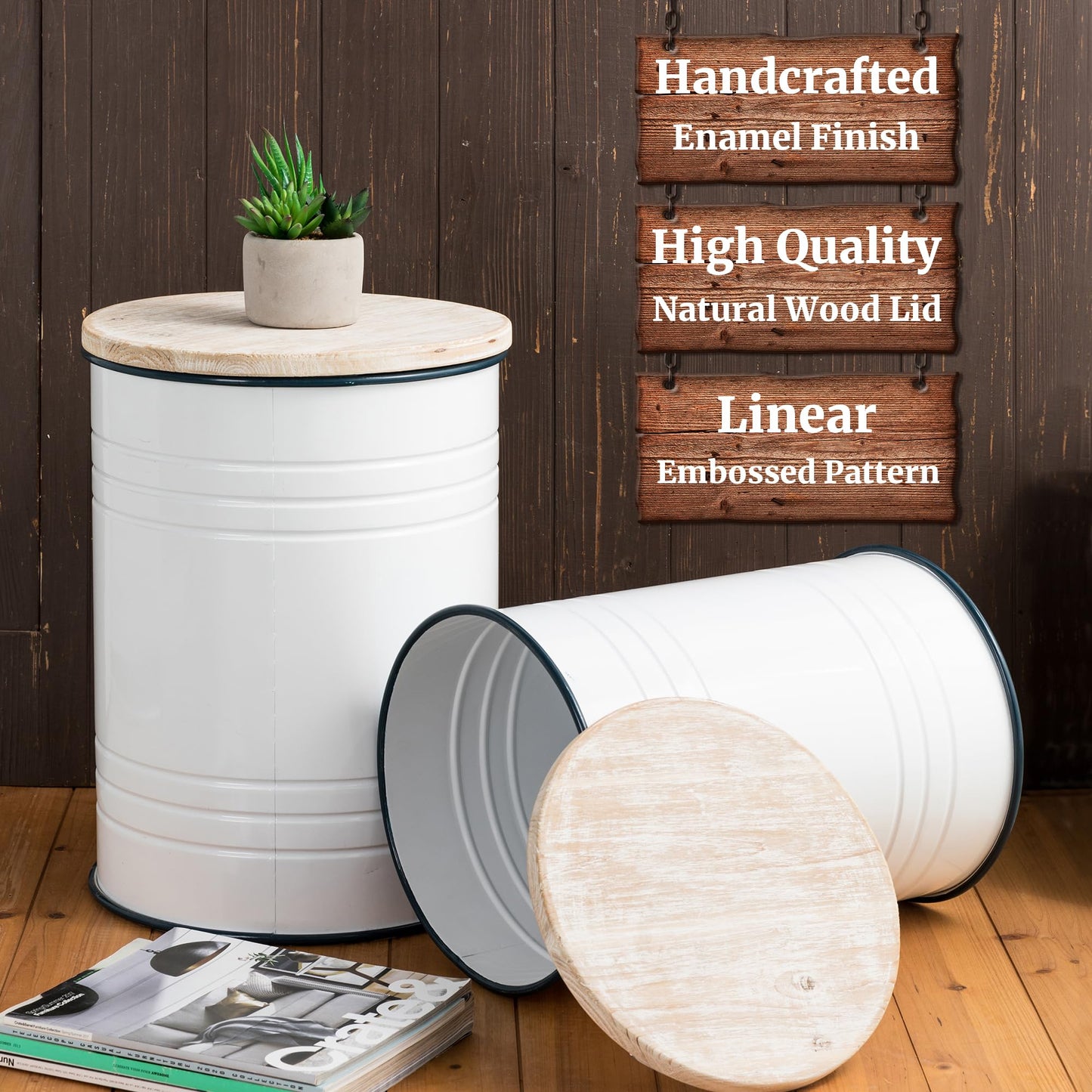 Glitzhome Rustic Storage Ottoman Seat Stool, Farmhouse End Table, Galvanized Dark Blue Rim Imitation Enamel Accent Side Table Toy Box Bin with Round Wood Lid for Living Room, Set of 2, White