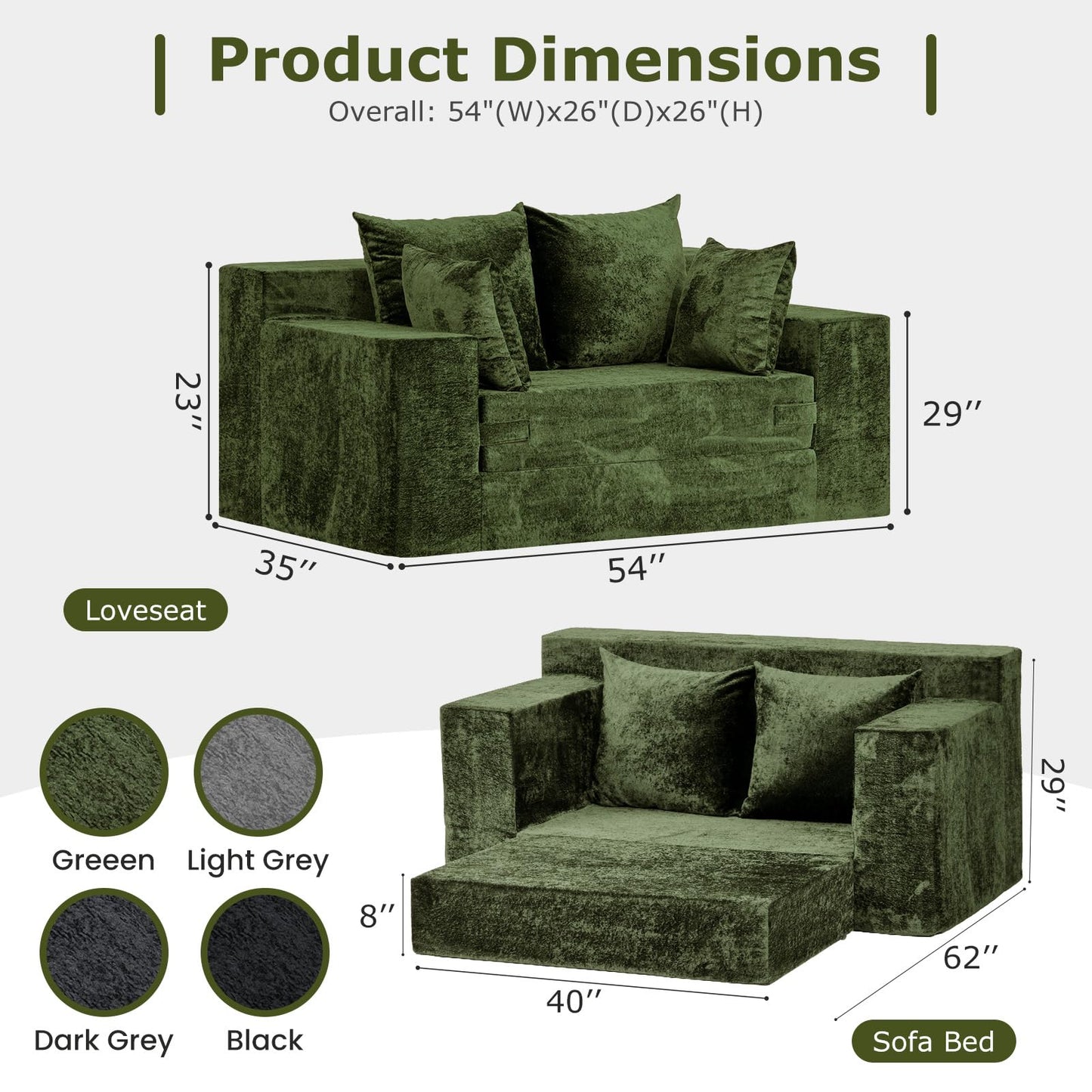 feliz home Boneless Loveseat Couches, Convertible Sofa Bed Folding Couch Bed, Boneless Chair Bed & Futon Sofa Bed, Small Pull Out Couch Foldable with 4 Pillows for Living Room, Green
