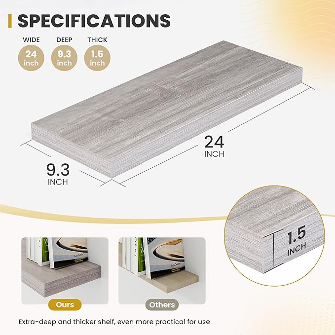 Acovy 24 Inch Floating Shelves, 9.3" Deep Floating Shelf Wall Mounted, Rustic