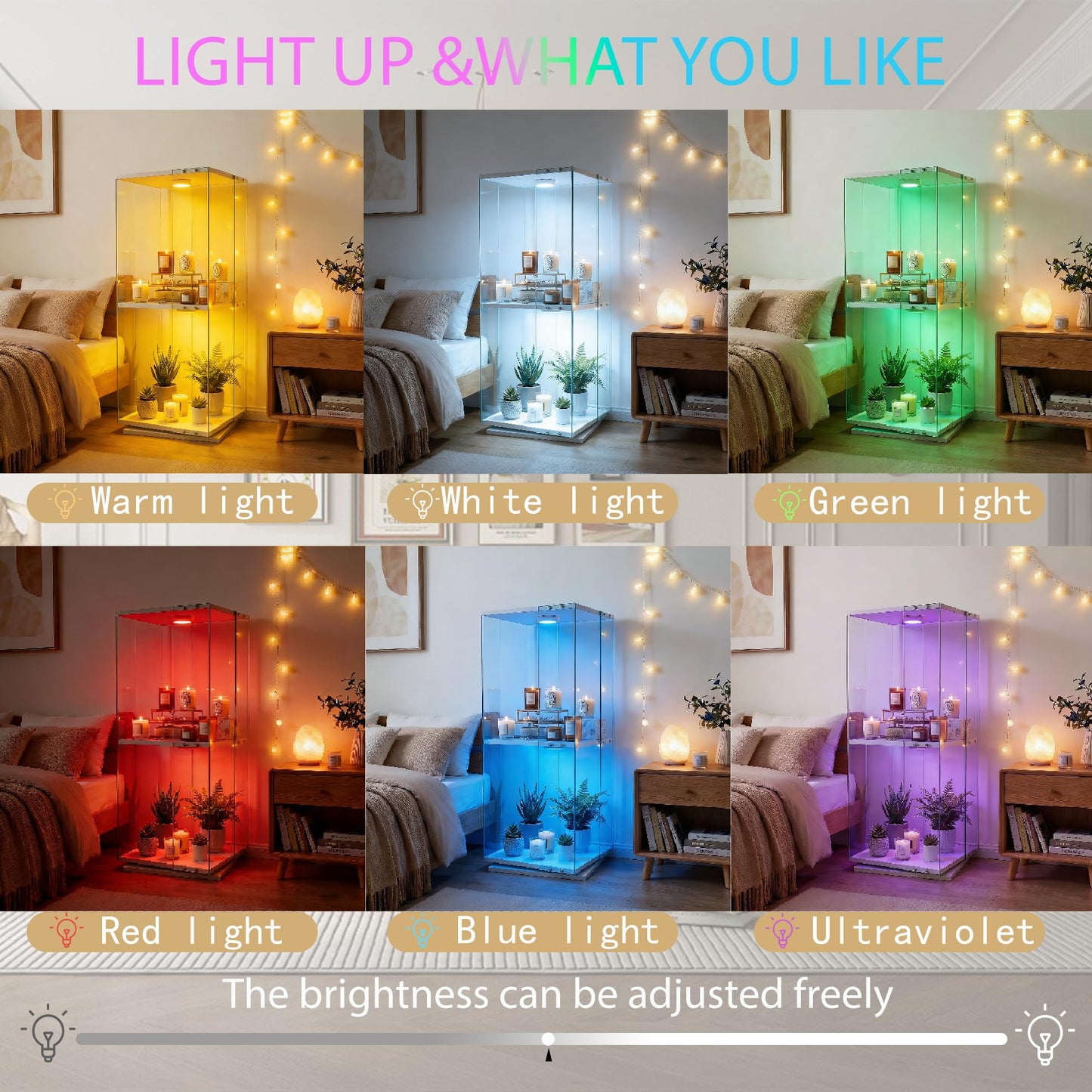 ZIHUASHENG Glass Display Cabinet with Rotating Base, Curio Cabinet with LED Light, 2-Shelf Tempered Glass Display Case for Collectibles, Curio Display Cabinet for Living Room, Home Decor, White