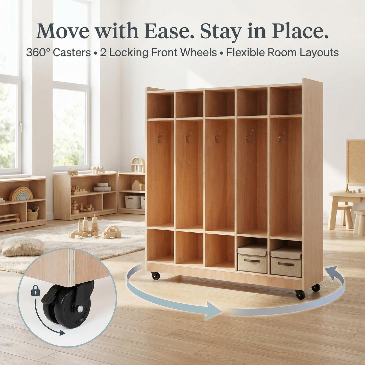 GarveeTech 5-Section Cubby Storage Organizer, Classroom Coat Locker with 4 Casters, 5 Hooks & 2 Storage Boxes, Heavy-Duty Plywood Daycare Furniture for Preschool & Kids Entryway, 48" Tall
