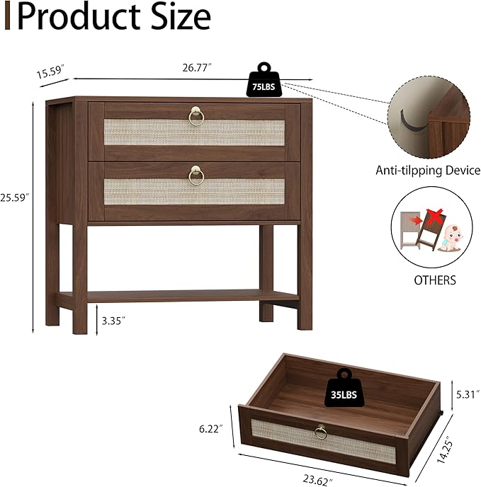 Xixini Nightstand wih 2 Drawers & Open Shelf, Small Mid Century Modern Night