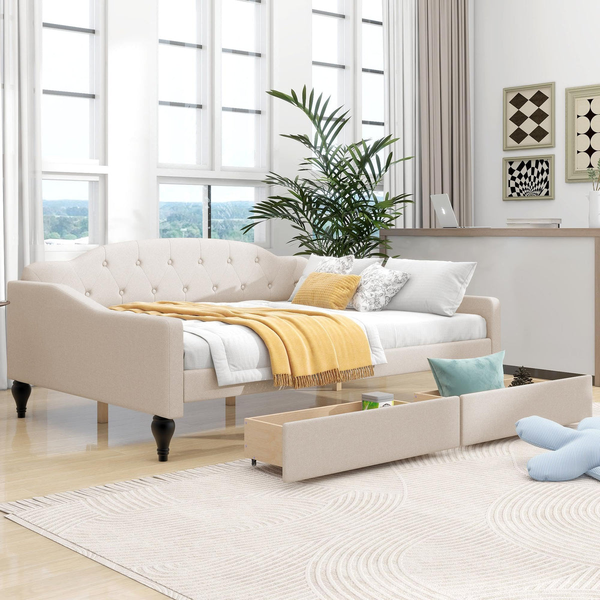 GDFStudio Full Size Upholstered Tufted Daybed with Two Storage Drawers – Linen Fabric, Solid Wood Frame, Space-Saving Design, Beige