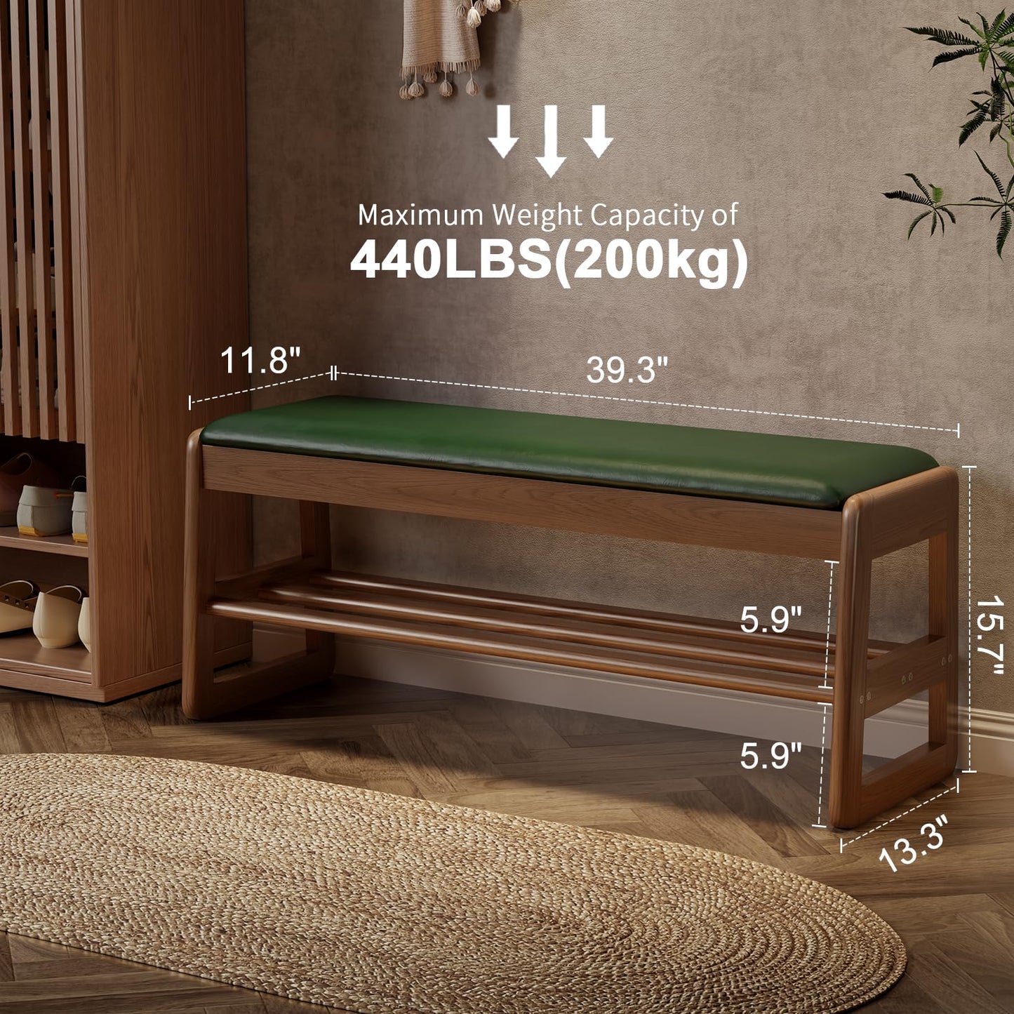 AQIMUELE Shoe Rack Bench,2 Tiers Shoe Bench with Storage with Flip-Top,Wood Shoe Rack for Entryway,Hallway（Green Upholstered Seat,11.8" D x 39.3" W x 15.7" H）