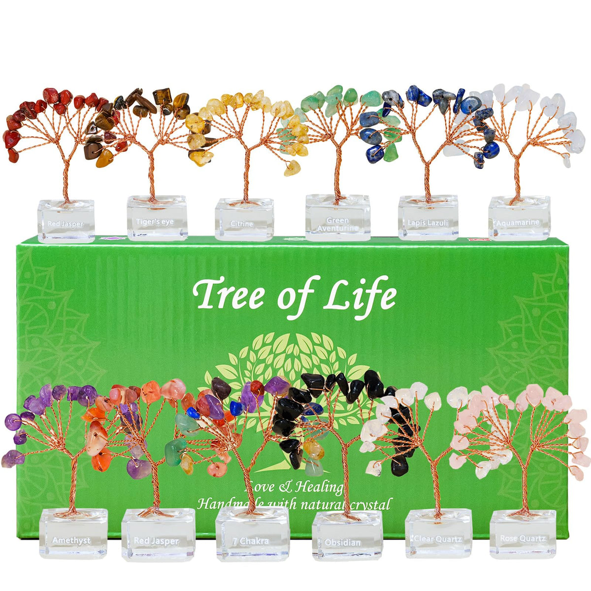 Runyangshi 12 Pcs Crystal Tree Set with K9 Glass Base - Chakra Healing Money Trees for Desk Decor, Home, Office, Positive Energy, Good Luck Gifts for Women, Mom, Birthday, Housewarming