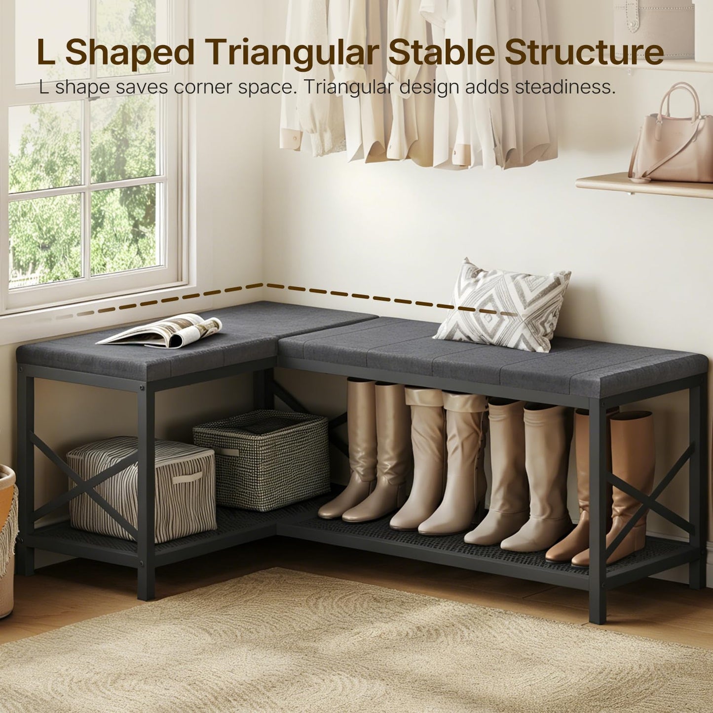 YATINEY L-Shaped Shoe Bench with Cushion, 59.1" Entryway Shoe Storage Bench