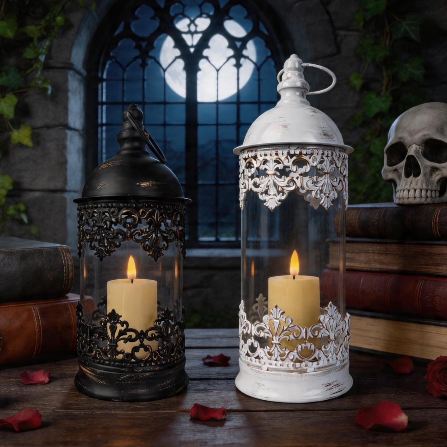 HiSnug Candlestick Holders with Flameless Candles - Gothic Vintage Hurricane Candle Holder, Portable Wind Lamp Barn Lantern Suspended Candleholders for Table Shelf Balcony Eaves, 2PCS, S+L, White