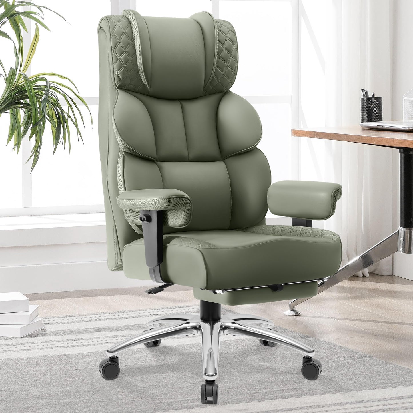 BestGlory Office Desk Chair, Big and Tall Leather Gaming Chair with Footrest, Wide Ergonomic Comfy Executive High-Back Reclining Computer Chairs, Swivel Rolling Wheels and Padded Lumbar Support, Green