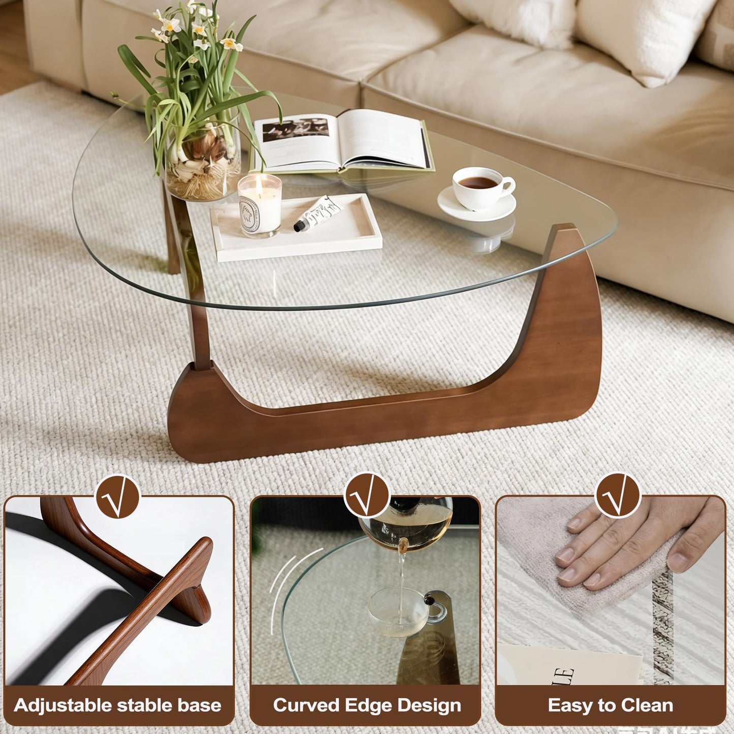 Modern Coffee Table for Living Room Retro Center Table with Wood Base & Triangle Brown Glass Top Abstract Noguchi Coffee Tables for Home Office 112