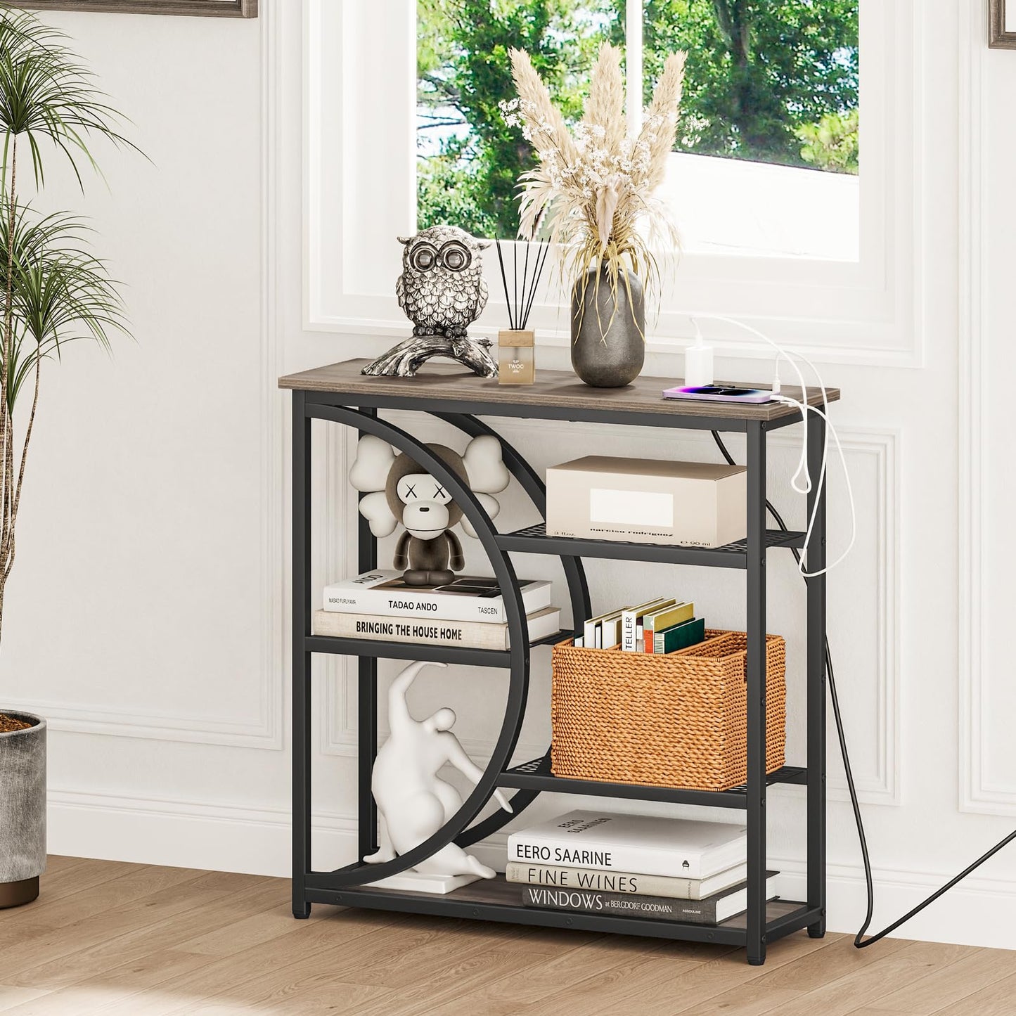 Snughome Entryway Table, Console Table with Charging Station, Industrial Narrow Sofa Table with 5 Tier Storage Shelves, Entrance Table for Hallway, Living Room, Foyer, Grey