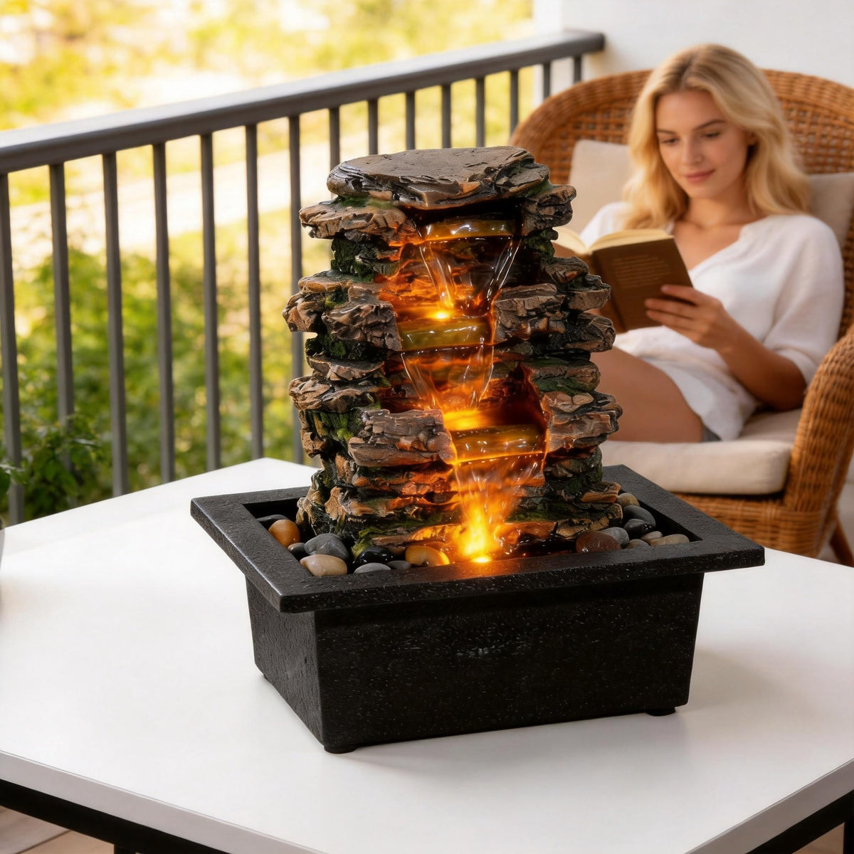 MAOCHI Tabletop Water Fountain, Home Décor Soothing Sound Machine with Automatic Pump, Deep Basin and Natural River Rocks. Indoor Zen Relaxation for Office, Living Room, or Bedroom Décor.
