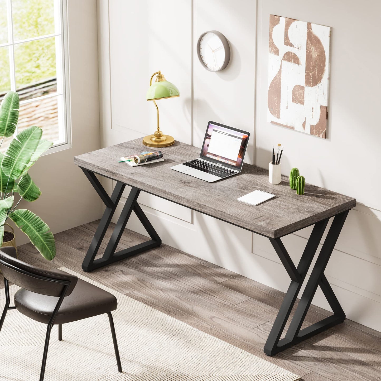 LITTLE TREE 55 Inch Large Simple Industrial Computer Desk Study Writing Table Home Office Workstation,Grey