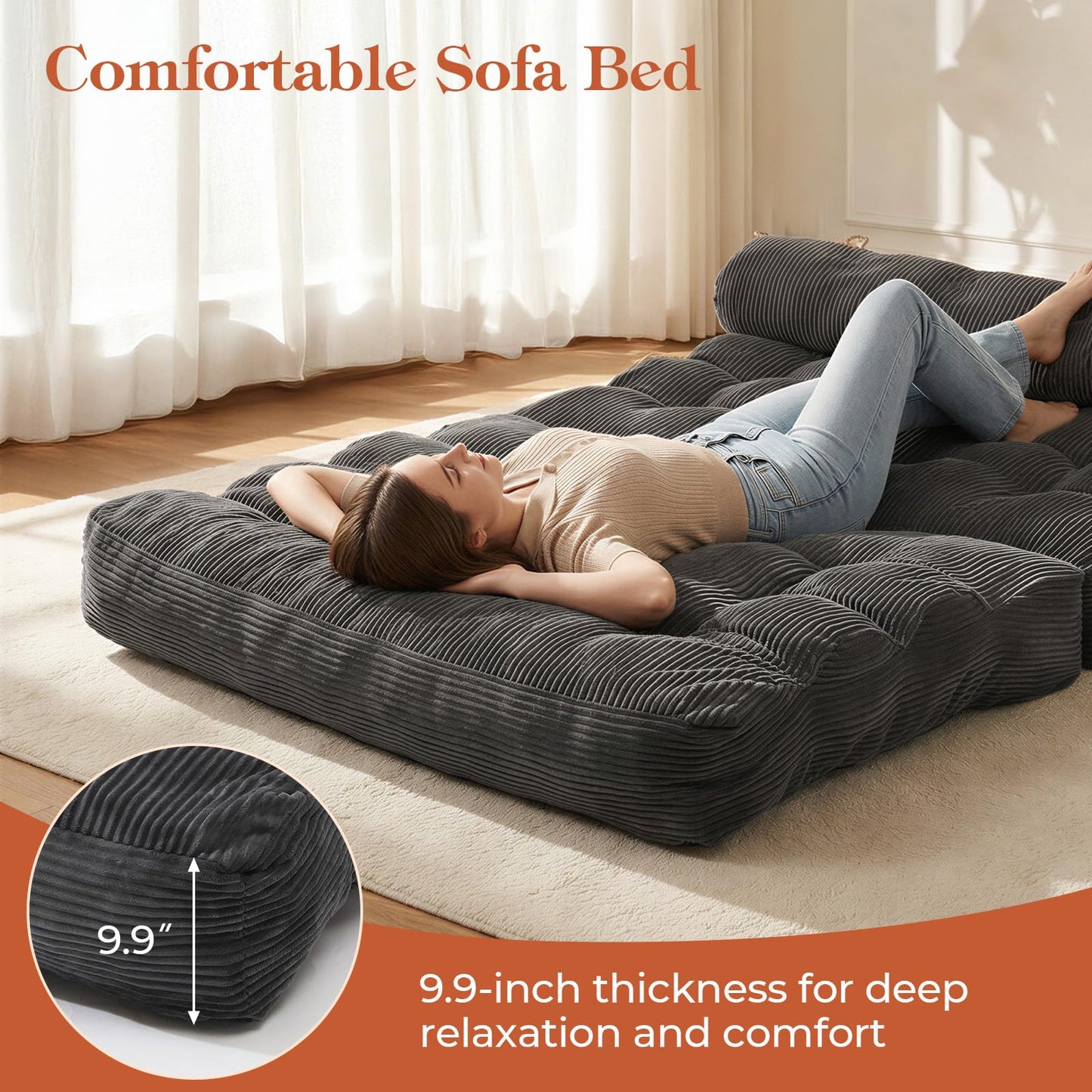Vellorise Folding Sofa Bed, Convertible Sleeper Chair with Back Support and Pillow Futon, Boneless Matress, for Living Room/Guest Use/Home Office, Foldable Chair Bed for Adults, Dark Gray, Full