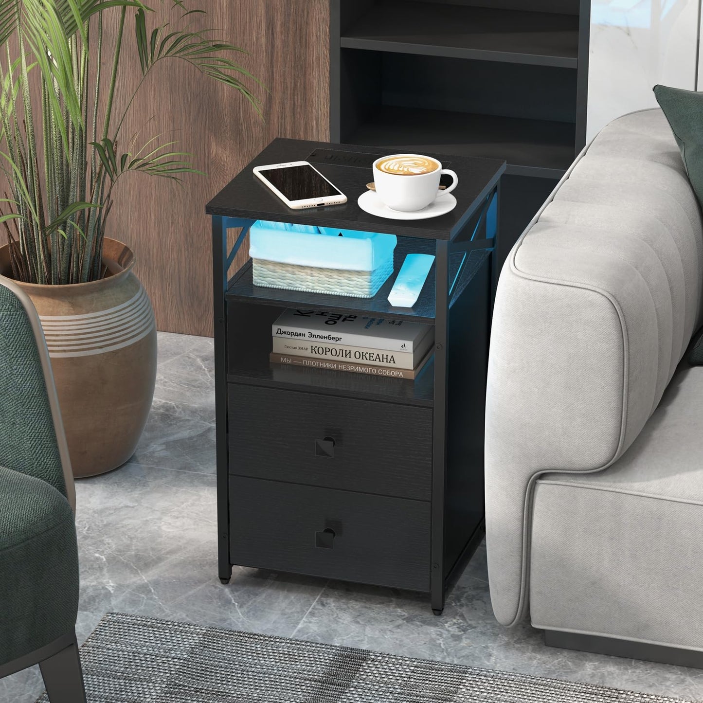 Livofloral LED Night Stand with Charging Station, Living Room Side Tables with Storage, Farmhouse End Table with Wood Drawers, Black End Table with Charging Station, Bed Side Table for Bedroom, Black