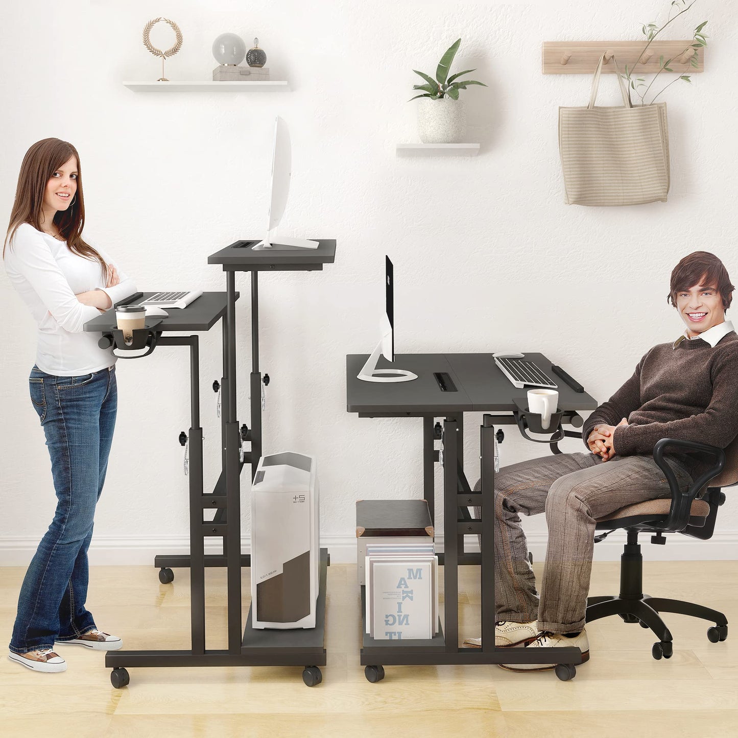 Mobile Standing Desk, Adjustable Rolling Computer Desk with 3 Desktops, Portable Laptop Table with Cup Holder, Home Office Laptop Workstation on Lockable Wheels, Black