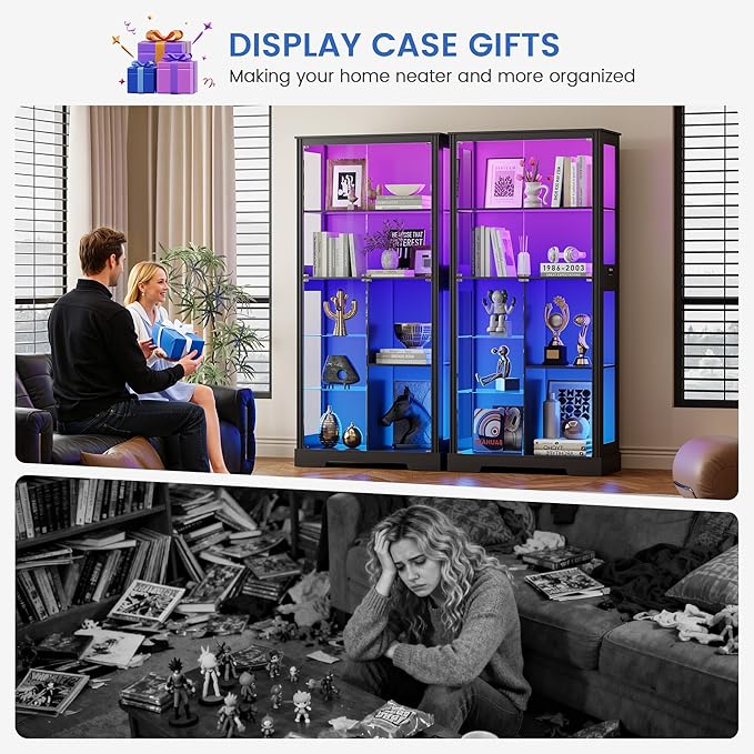 Gurexl Display Cabinet with Motion Sensor LED Lights, Glass Curio Cabinet with