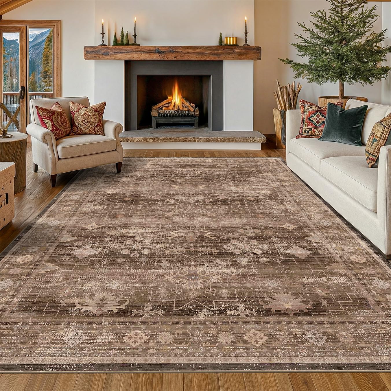 Hazo Haus Brown 9x12 Living Room Rug - Vintage Western Eclectic Unique Neutral Taupe, Washable Low Pile Non-Slip Large Area Rugs for Dining Under Table Bedroom Under Bed