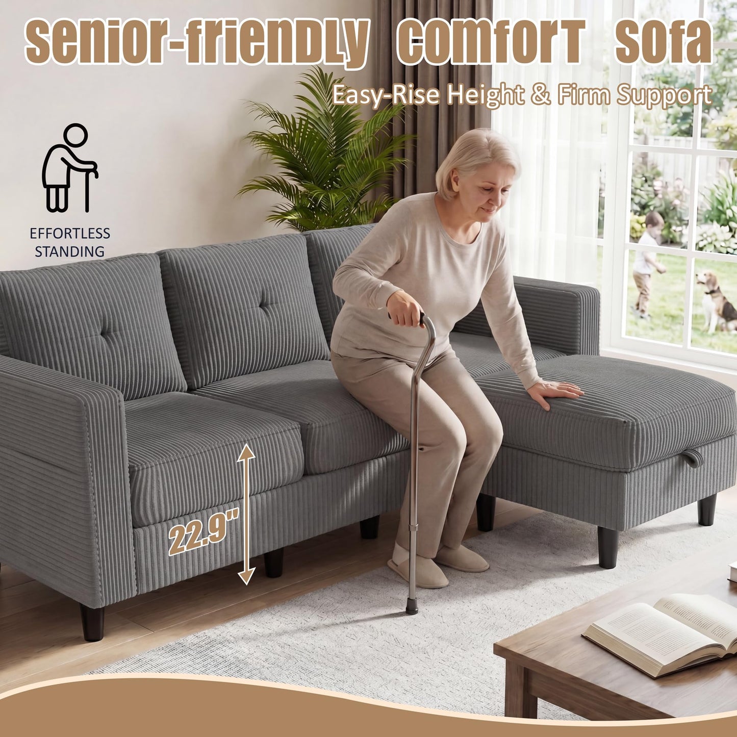 Convertible Sectional Sofa with Storage Ottoman, 77” L-Shaped 3-Seat Couch with Skin-Friendly Corduroy Fabric, Reversible Small Sectional for Small Space, Apartment, Living Room and Office(Dark Grey)