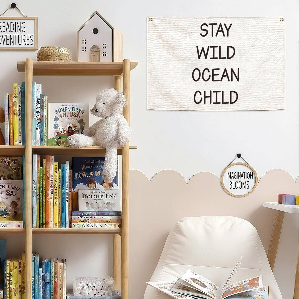Nursery Canvas Banner Wall Decor-Hanging Rectangular Poster Flag Sign Art for Baby Kids Newborn Nephew,Bedroom Playroom Babyroom Door Decor,Stay Wild Ocean Child Quote,Christmas Gift 28.5"L x 20"W