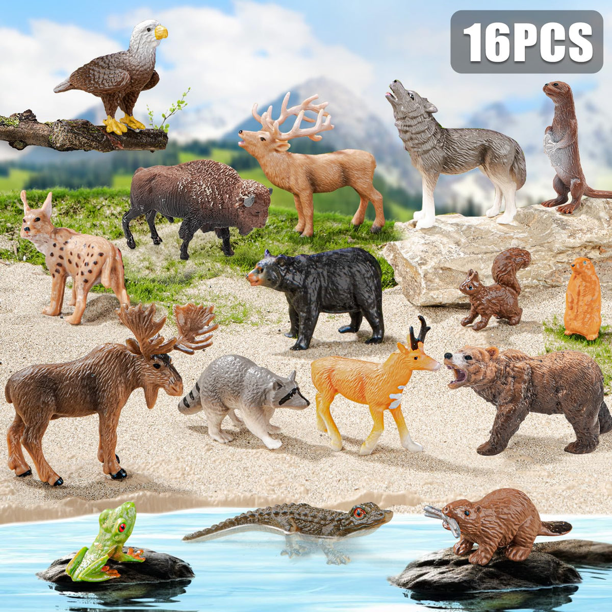 THINKBAY 16PCS Mini North American Forest Woodland Animals Figurines Toys, Realistic Jungle Wild Animal Figures with Wolf,Bear,Bison,Reindeer,Birthday Party Favors Valentine's Day Gifts for Kids