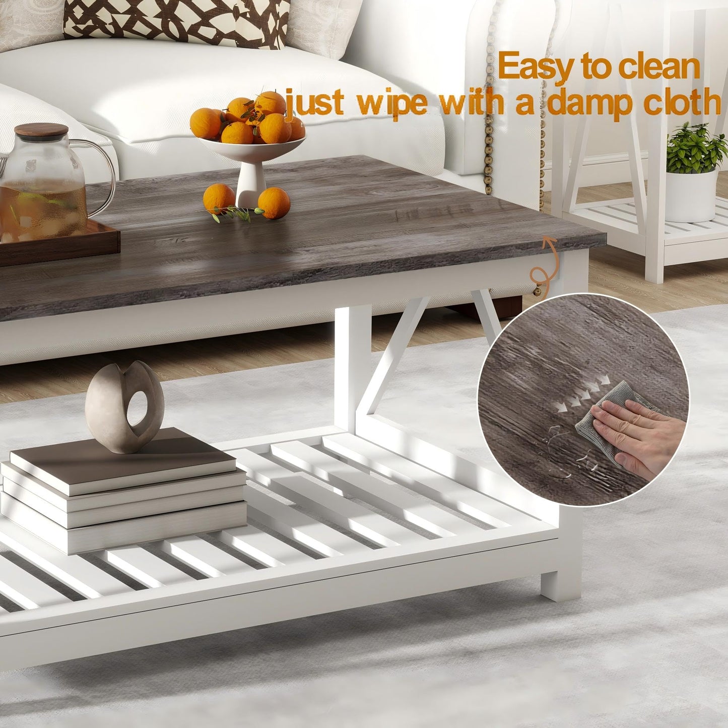 UYIHOME Farmhouse Coffee Table, White Oak Coffee Table for Living Room, 2-Tier Rectangular Wooden Centre Cocktail Table with Slats Shelf Storage and V-Shaped Frame Modern Coffee Oak Grey