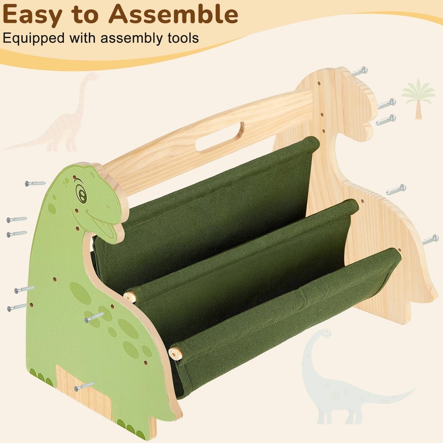 SheSeek Toddler Bookshelf Double-Sided with 4 Tier Deep Sleeves Kids Wooden Montessori Book Rack for Baby Nursery Room, Playroom, Classroom or Bedroom Bookcase Storage Organizer, Green Dinosaur