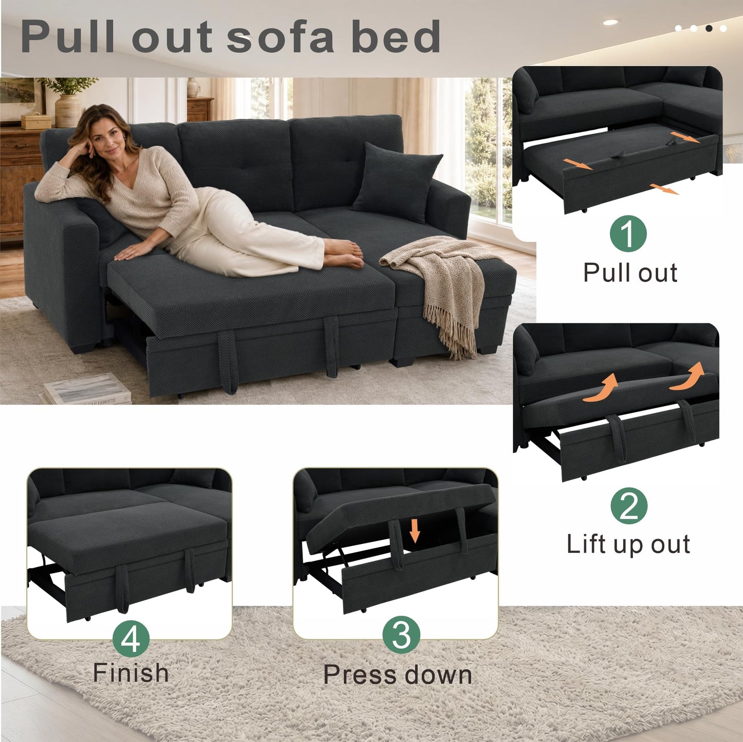 WuerQi 71" Sofa Bed with Queen Size Pull Out Couch, Sectional Sleeper Sofa with Reversible Storage Chaise, L Shaped Couch for Living Room, Apartment and Small Spaces (Dark Gray-L Shaped)