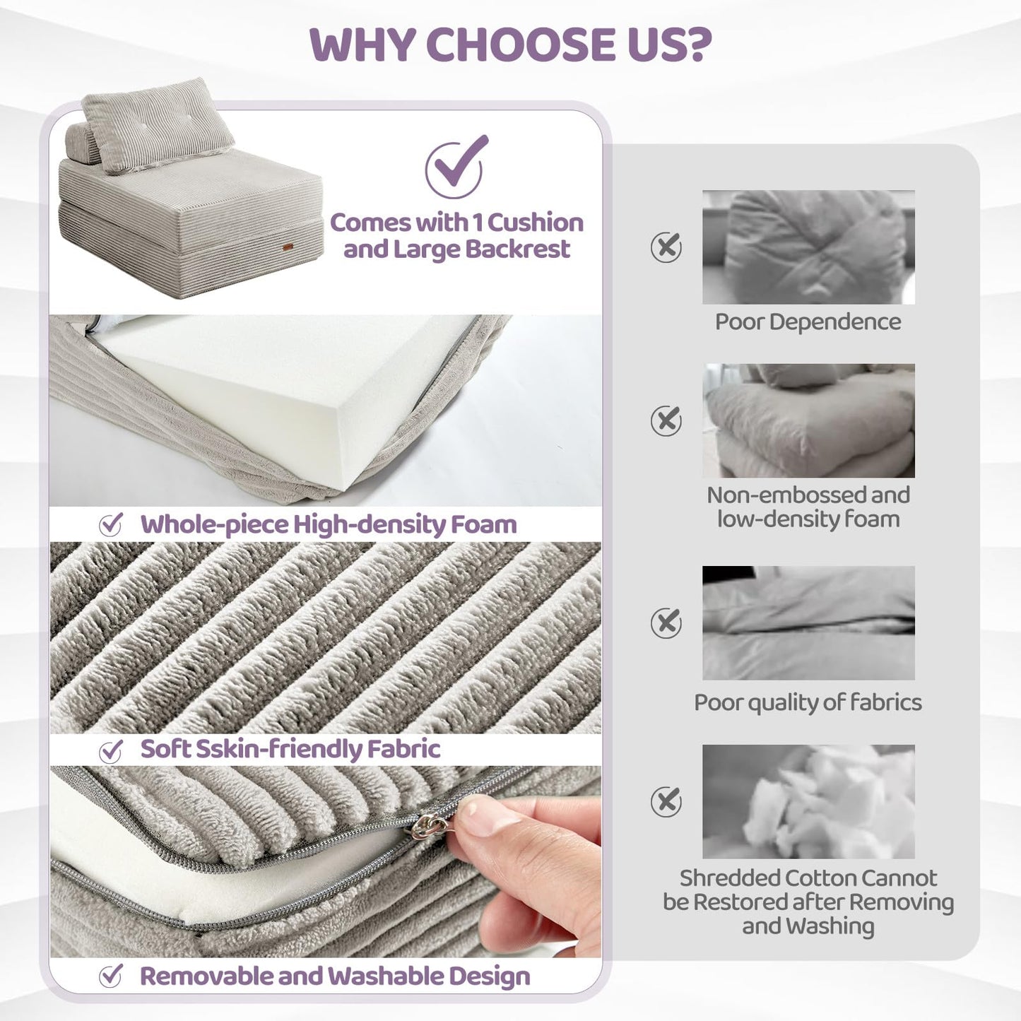 PIASHJOY Folding Sofa Bed Chair, Sleeper Chair with Pillows,Boneless Couch Sectional with High-Density Foam, Corduroy Fabric Couch,Foldable 3 in1 Mattresst for Small Space,Single, Silver Gray